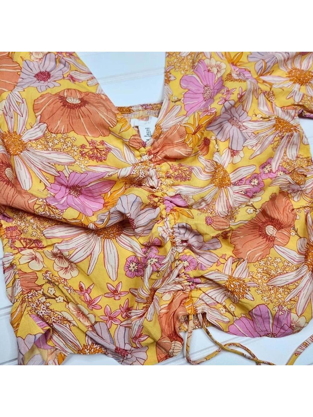 NEW H & M Women's Boho Floral Orange Ruched Front Tie Cropped Blouse Lg